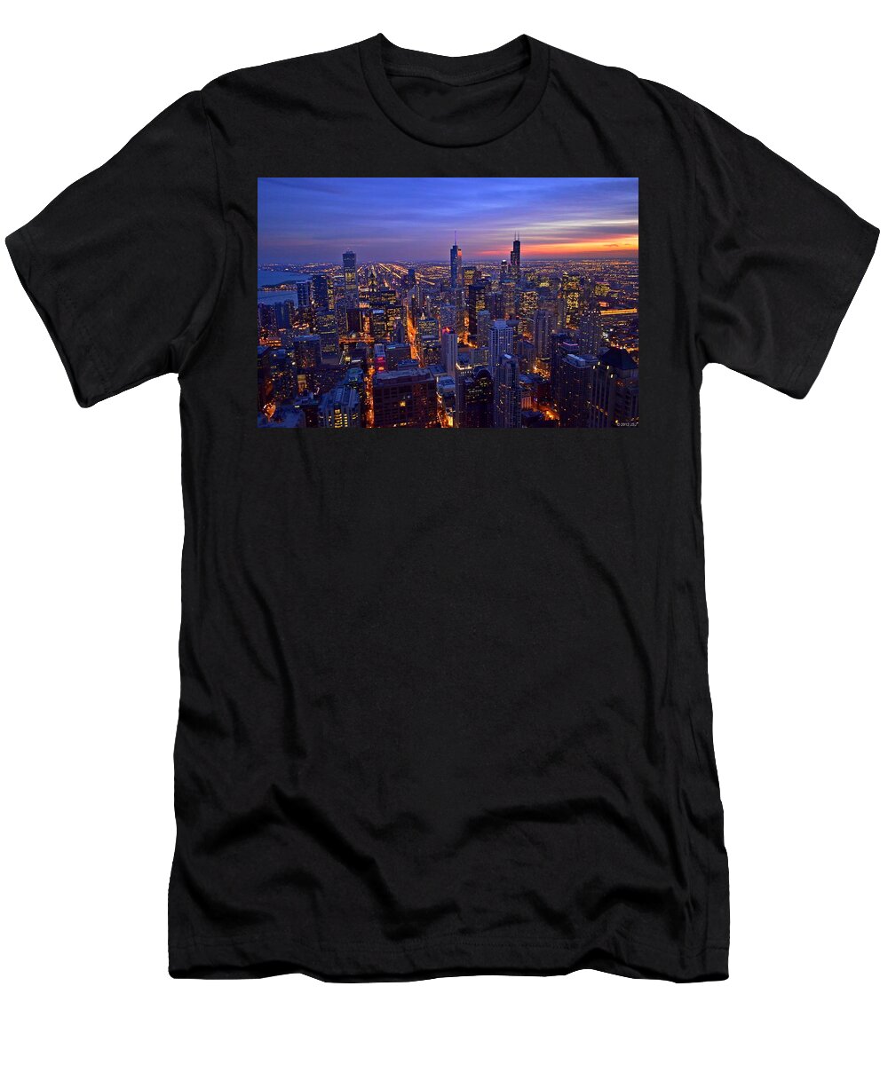 Chicago T-Shirt featuring the photograph Chicago Skyline at Dusk from John Hancock Signature Lounge by Jeff at JSJ Photography