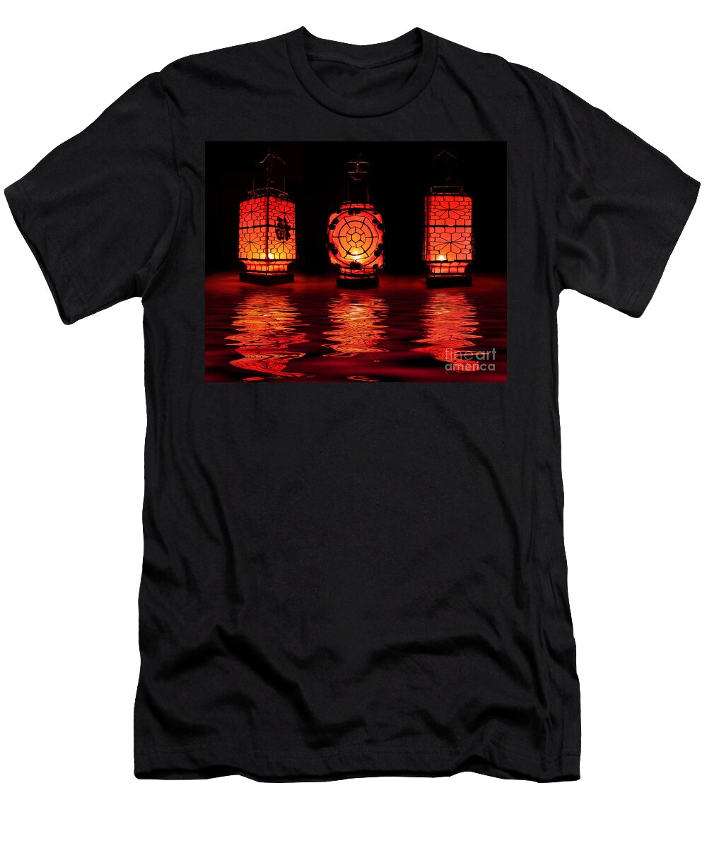 Lantern T-Shirt featuring the photograph Red chinese lanterns at night by Delphimages Photo Creations