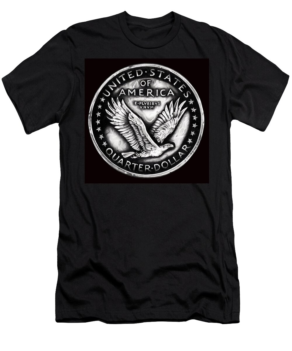 Coin T-Shirt featuring the drawing Circulated Standing Liberty Reverse Black and White by Fred Larucci