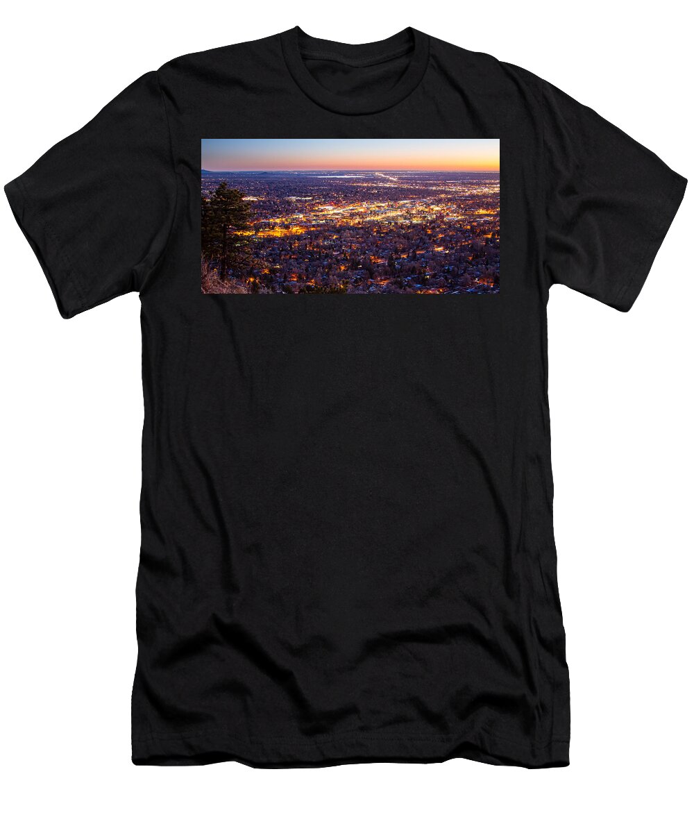 Boulder T-Shirt featuring the photograph City Of Boulder Colorado Downtown Scenic Sunrise Panorama  by James BO Insogna