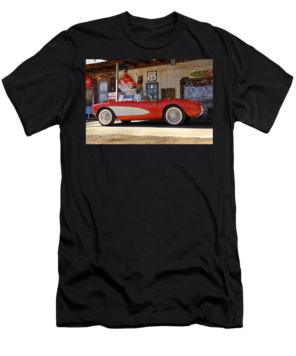Corvette T-Shirt featuring the photograph Classic Corvette on Route 66 by Mike McGlothlen