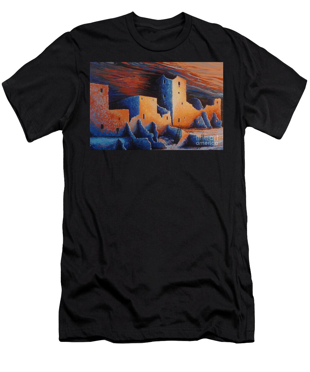 Mesa T-Shirt featuring the painting Cliff Palace by Moonlight by Jerry McElroy
