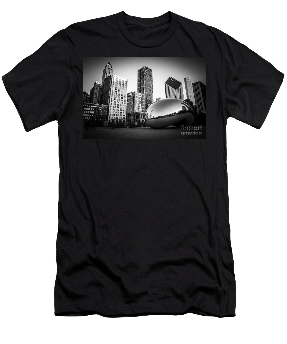 America T-Shirt featuring the photograph Cloud Gate Bean Chicago Skyline in Black and White by Paul Velgos
