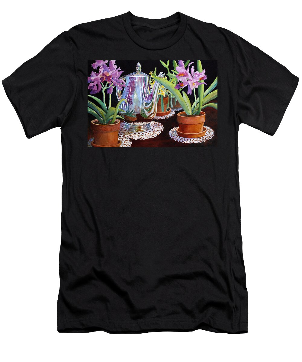 Still Life T-Shirt featuring the painting Coffee and Flowers by Roger Rockefeller