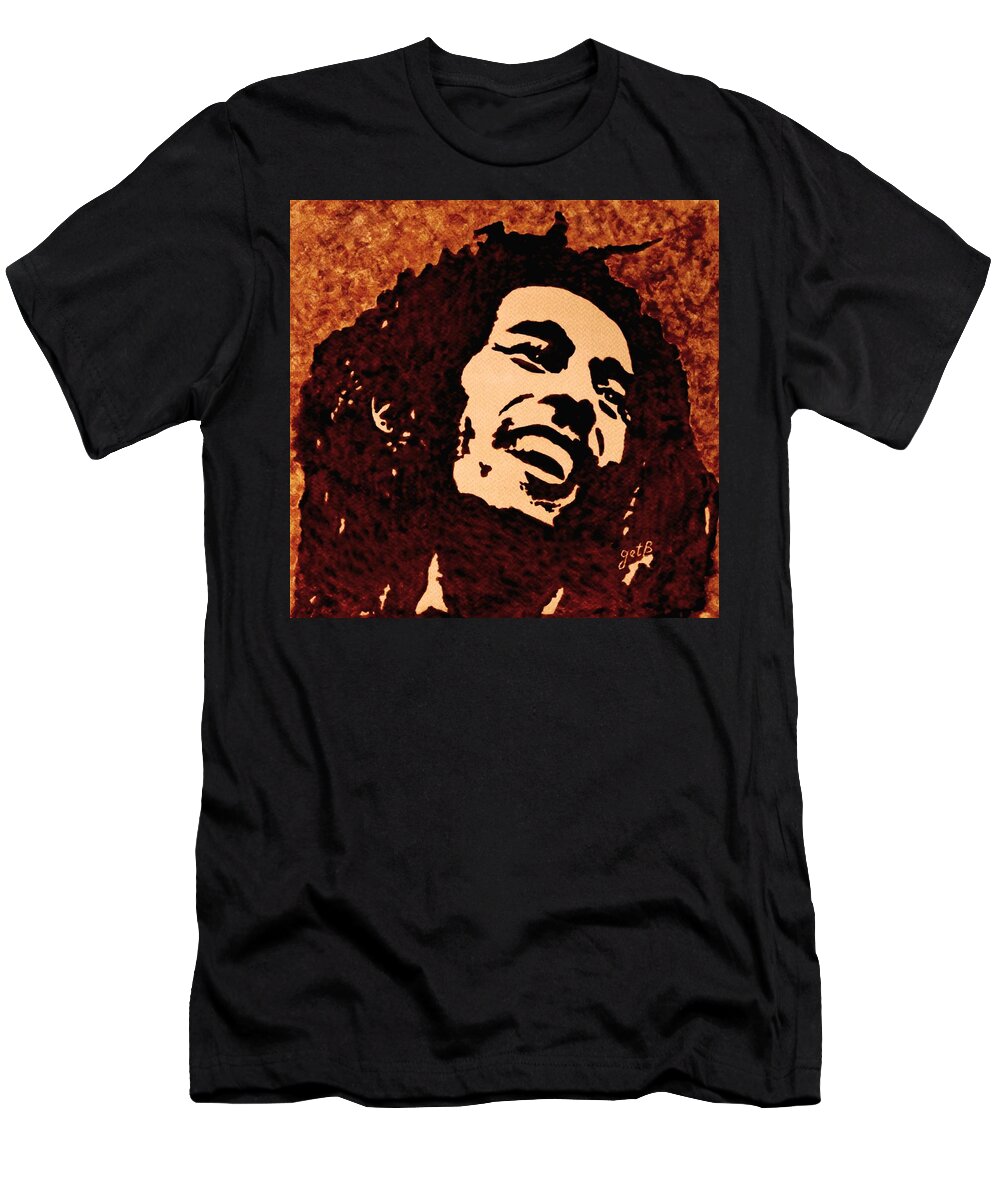 Bob Marley Pop Art Coffee Painting On Paper T-Shirt featuring the painting Coffee painting Bob Marley by Georgeta Blanaru