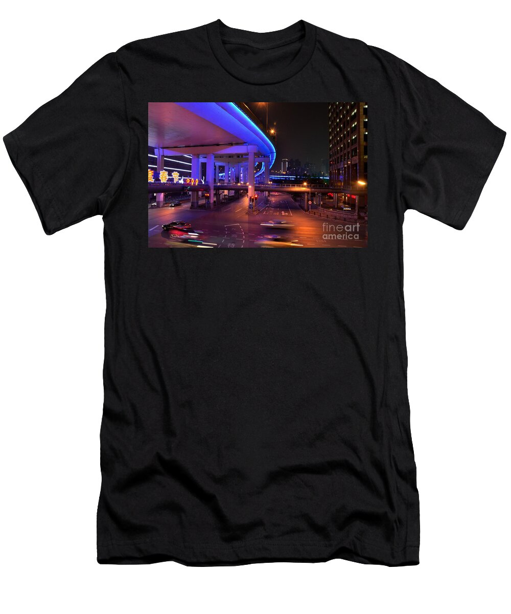 Cars T-Shirt featuring the photograph Colorful night traffic scene in Shanghai China by Imran Ahmed