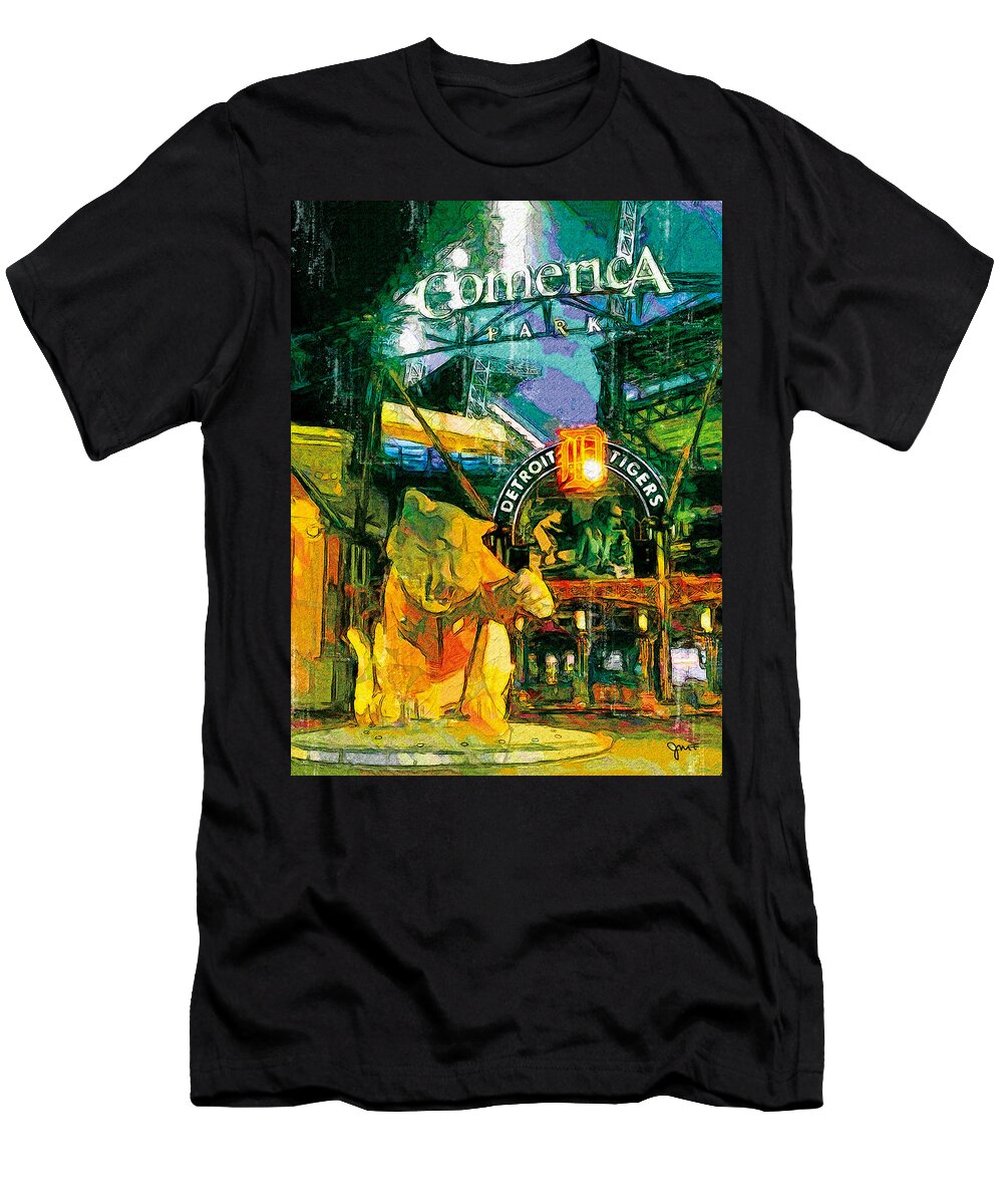 American League T-Shirt featuring the painting Comerica at Night by John Farr