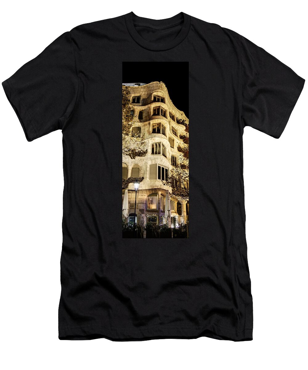 Pedrera T-Shirt featuring the photograph Corner of la Pedrera at night - Gaudi by Weston Westmoreland