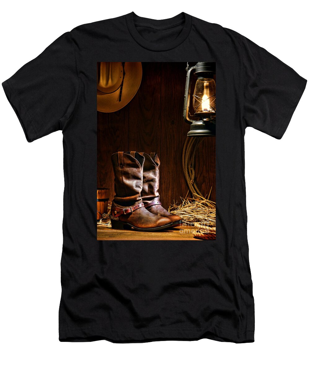 Western T-Shirt featuring the photograph Cowboy Boots at the Ranch by Olivier Le Queinec