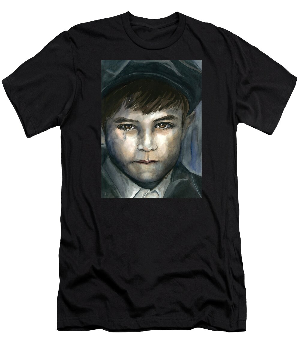 Little Boy With Tear In His Eye T-Shirt featuring the painting Crying in the Shadows by Michal Madison