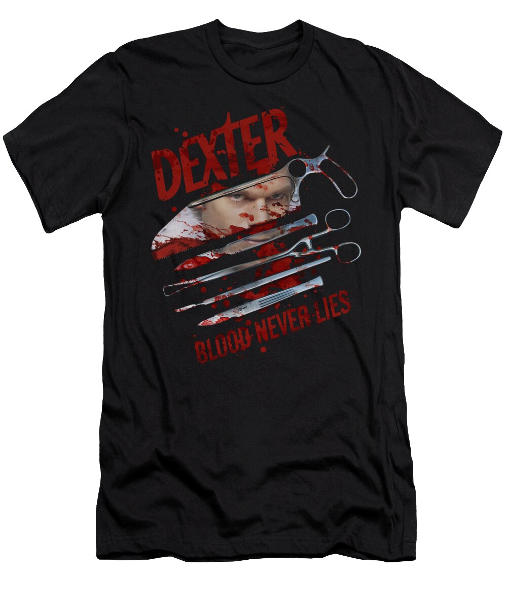 Dexter T-Shirt featuring the digital art Dexter - Blood Never Lies by Brand A