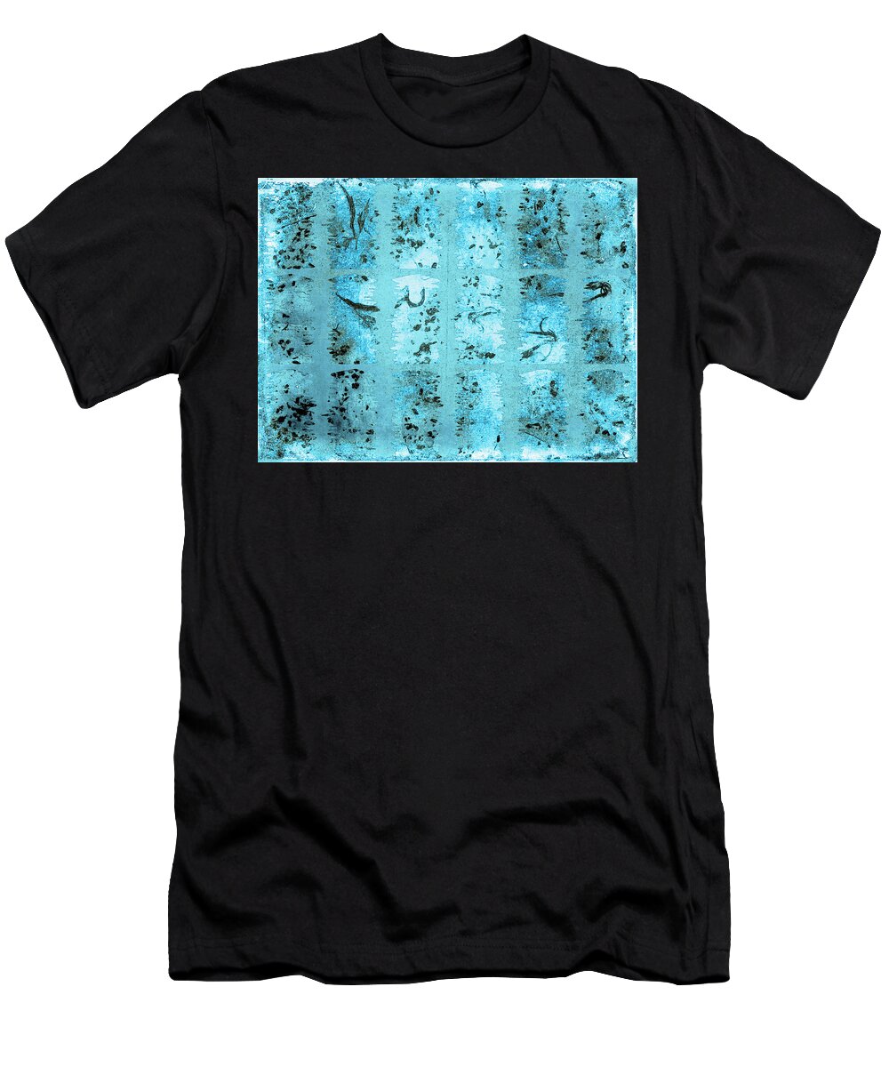 Blue Snow Window Sidewalk Black White Horizontal Abstract Pattern Nature Outdoors Winter Season Concrete Frosty Cold Snowy T-Shirt featuring the photograph Dirty Snow Grunge by Paula Ayers