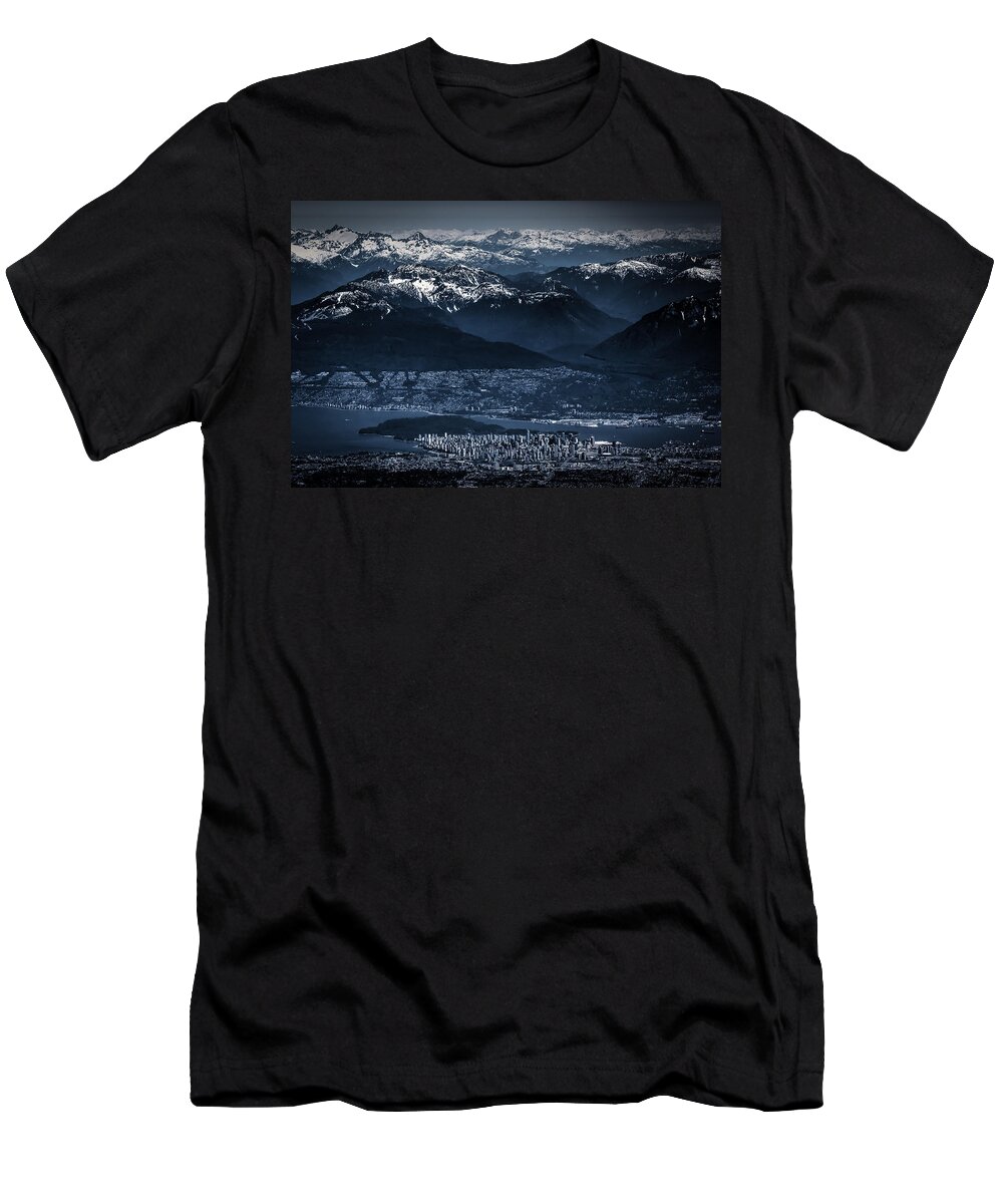Architecture T-Shirt featuring the photograph Downtown Vancouver and the mountains aerial view low key by Eti Reid