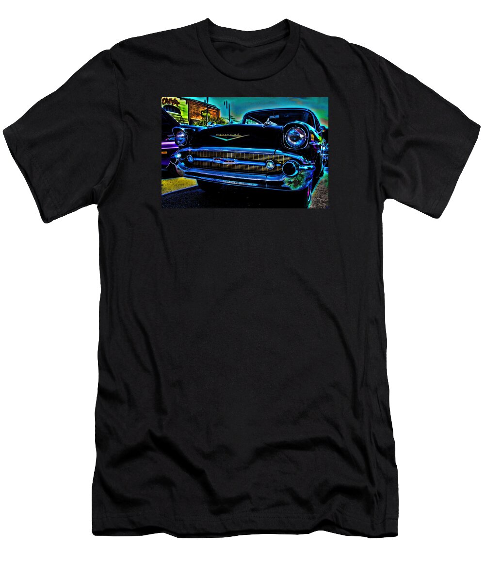 1957 Chevrolet T-Shirt featuring the mixed media Drive In Special by Lesa Fine