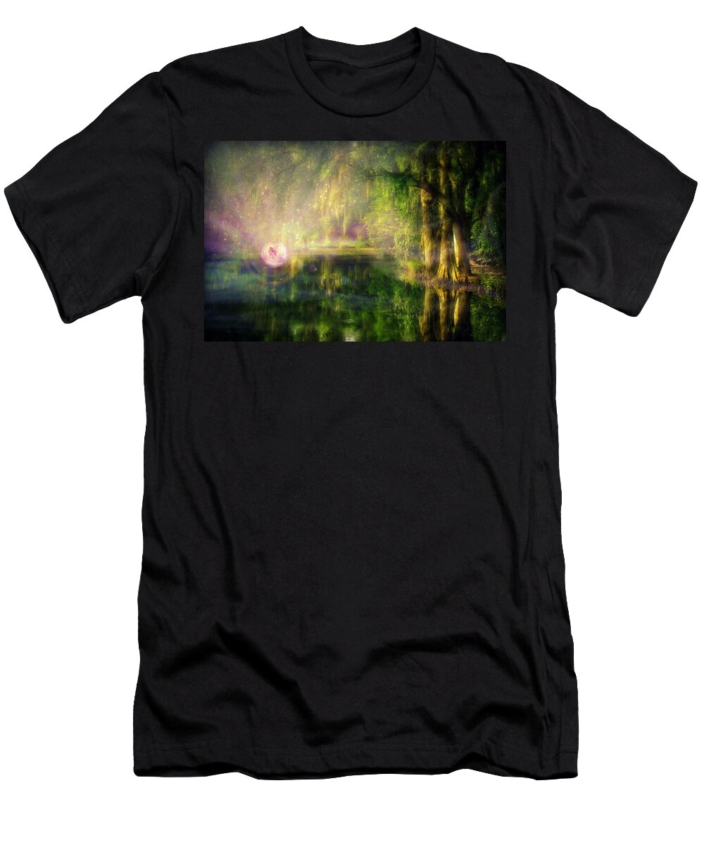 Fairy T-Shirt featuring the digital art Fairy in Pink bubble in Serenity Forest by Lilia S