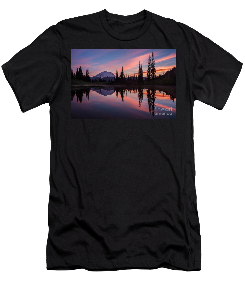Mount Rainier T-Shirt featuring the photograph Fiery Rainier Sunset by Mike Reid