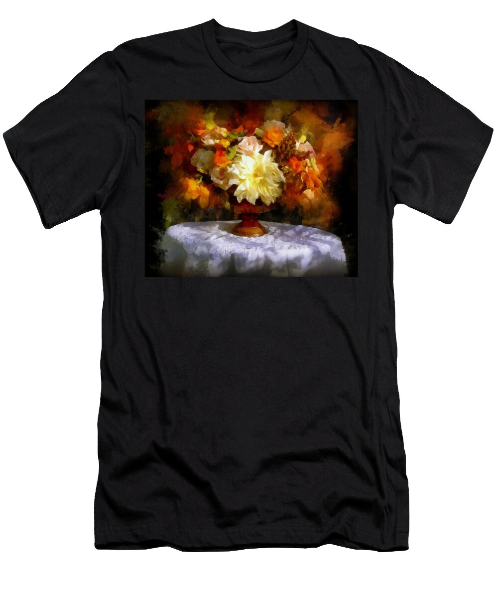 Flowers T-Shirt featuring the painting First Day of Autumn - Still life by Lilia S