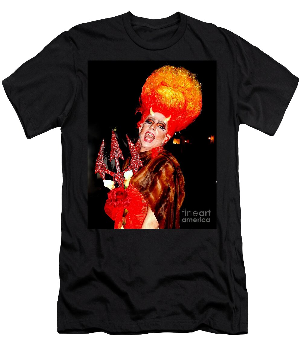 Nola T-Shirt featuring the photograph Halloween Flamming Devilish Deva Costume In The French Quarter Of New Orleans by Michael Hoard
