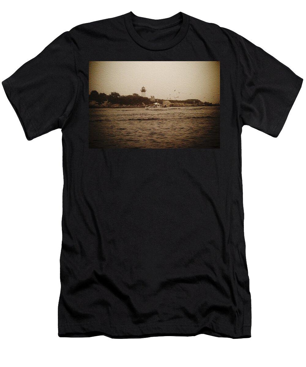 New England T-Shirt featuring the photograph Foggy day at Ten pound Lighthouse by Jeff Folger
