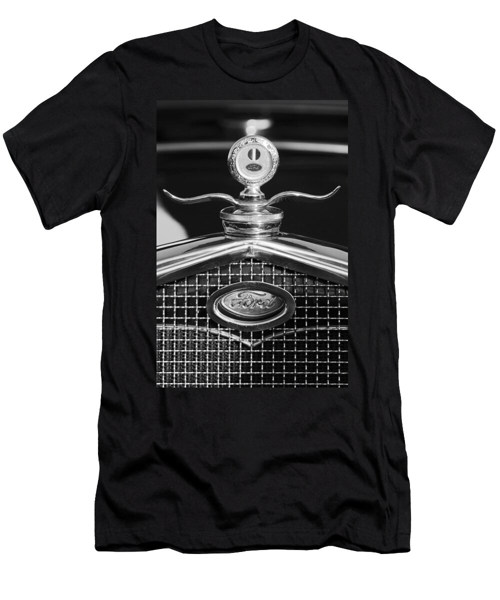 Ford Motometer T-Shirt featuring the photograph Ford Winged Hood Ornament black and white by Jill Reger