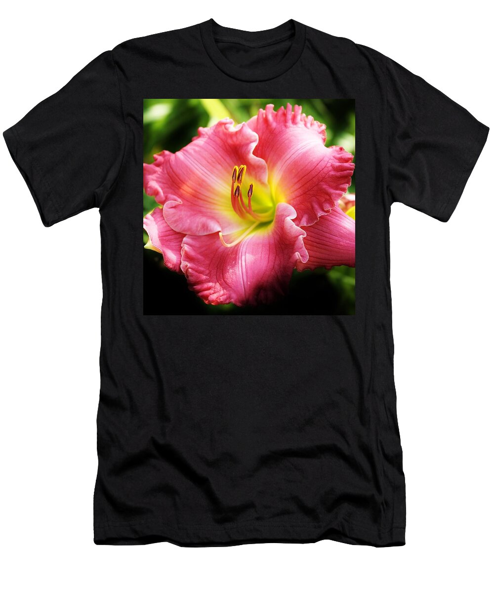 Flora T-Shirt featuring the photograph Fringed Edge Pink Daylily by Bruce Bley