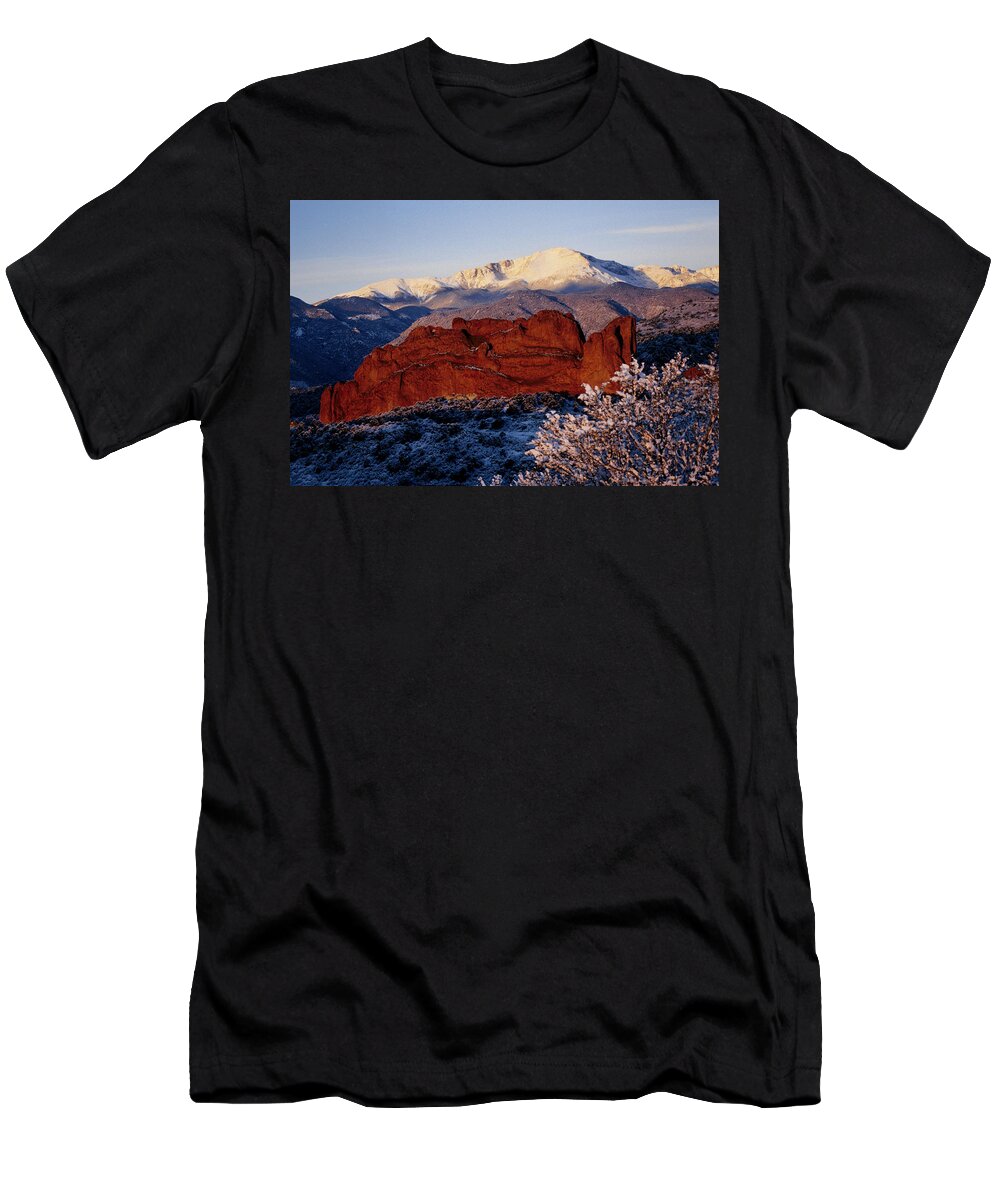 Garden Of The Gods Pikes Peak Colorado Springs Sunrise Hoarfrost T-Shirt featuring the photograph Garden of the Gods by Susie Rieple