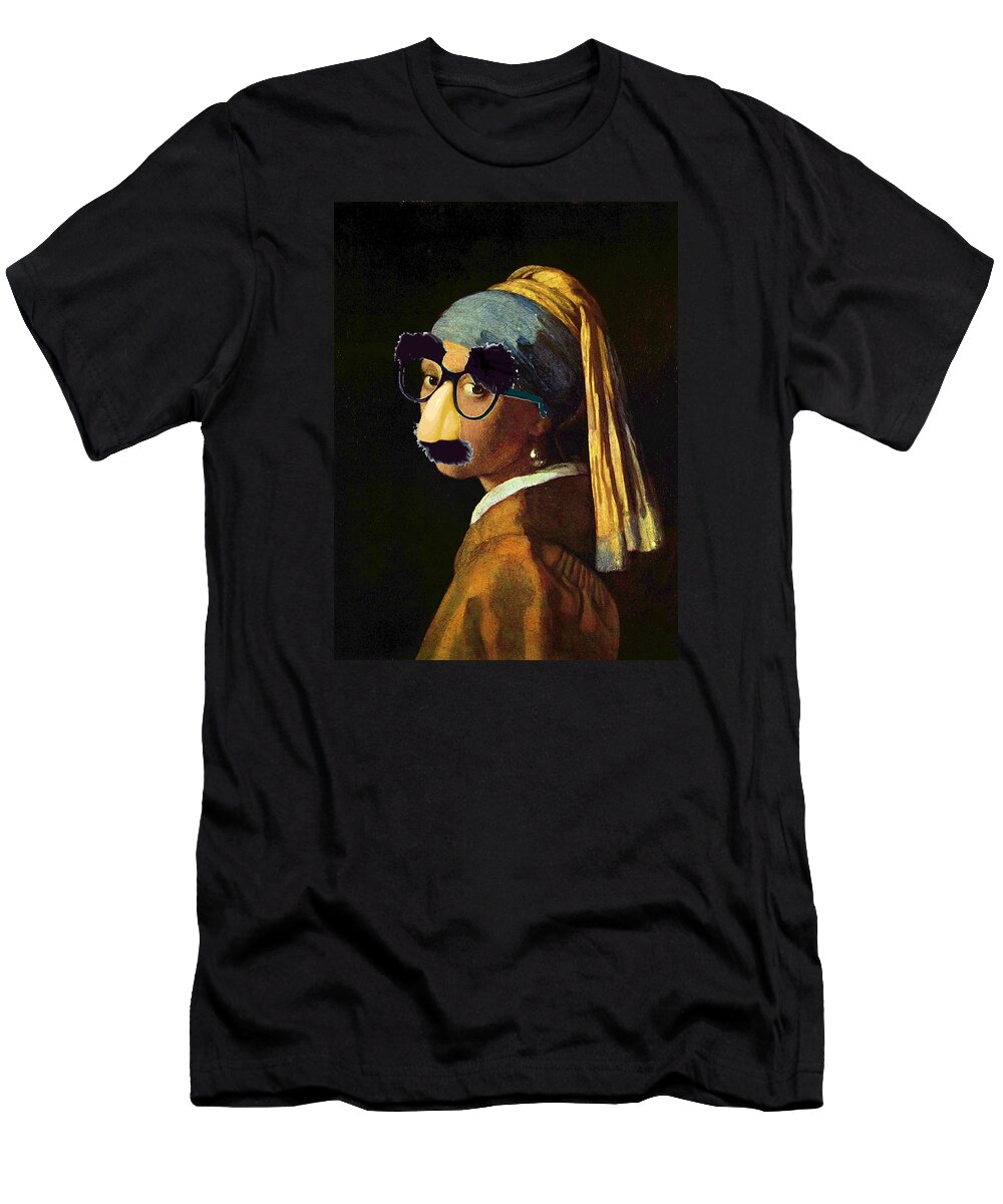 Johannes Vermeer T-Shirt featuring the painting Girl With The Pearl Earring and Groucho Glasses by Tony Rubino