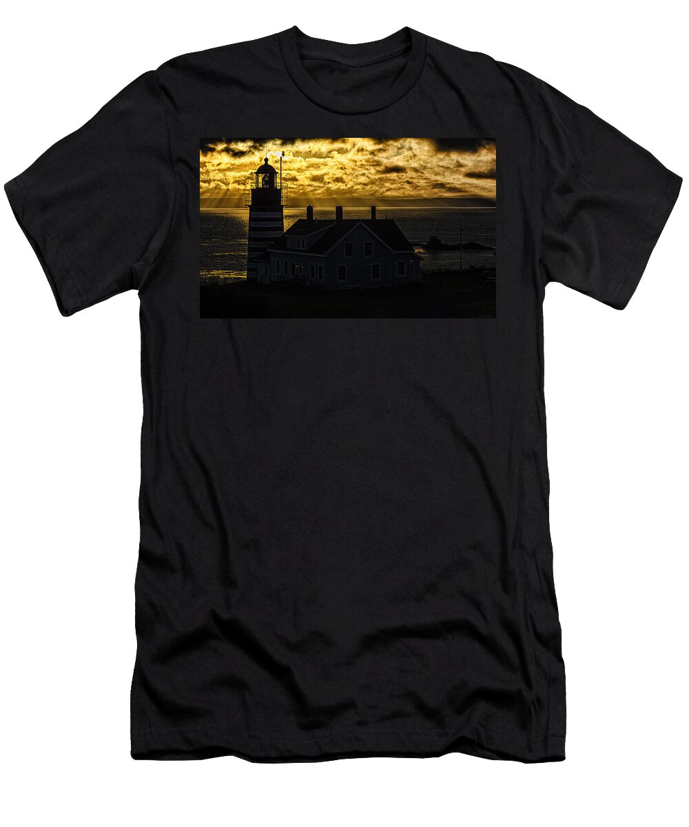 Golden Light T-Shirt featuring the photograph Golden Backlit West Quoddy Head Lighthouse by Marty Saccone