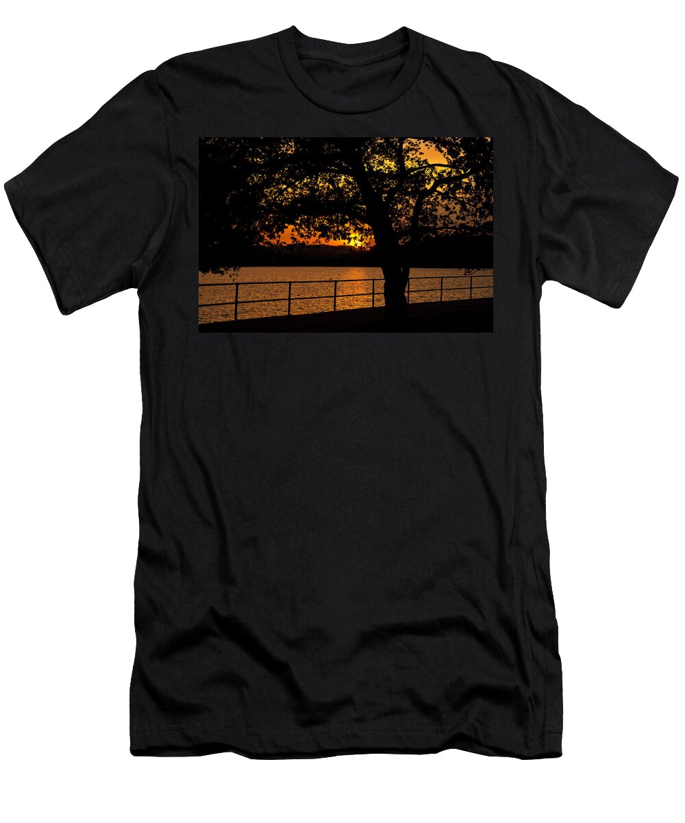 America T-Shirt featuring the photograph Golden Sunset at Washington's Tidal Basin by Mitchell R Grosky