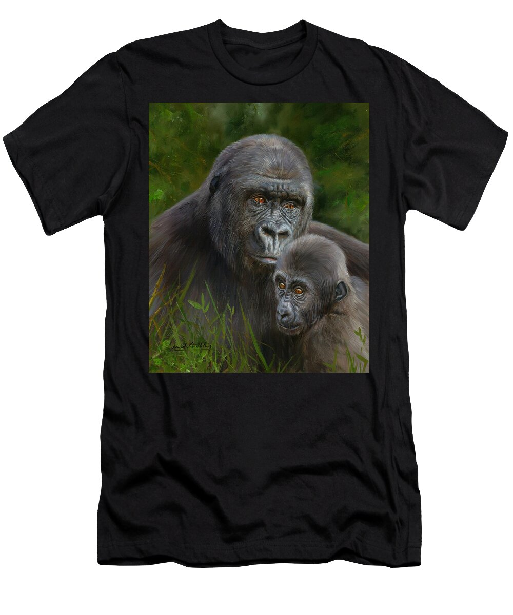Gorilla T-Shirt featuring the painting Gorilla and Baby by David Stribbling