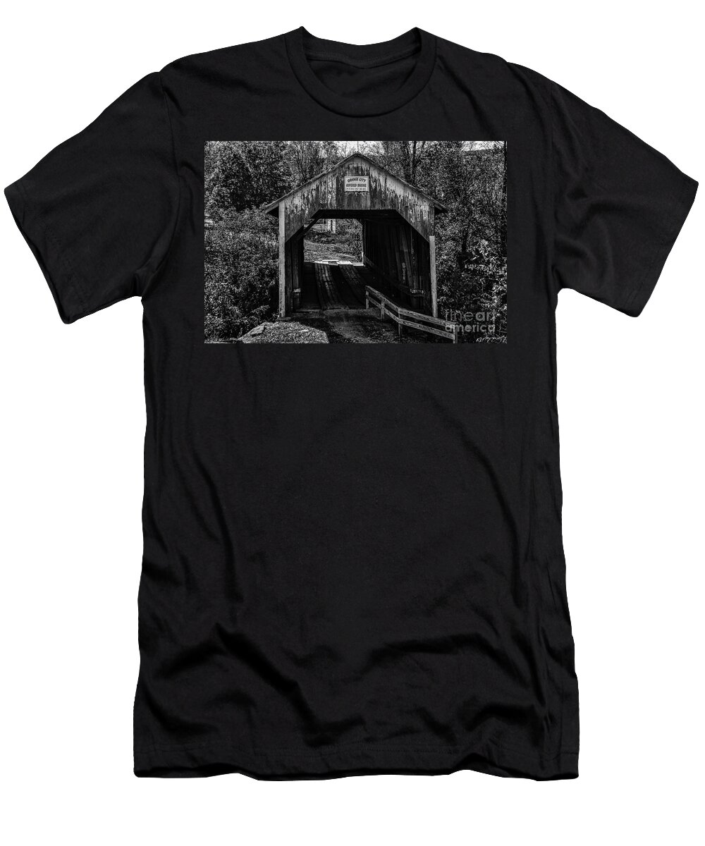 Architecture T-Shirt featuring the photograph Grange City Covered Bridge - BW by Mary Carol Story