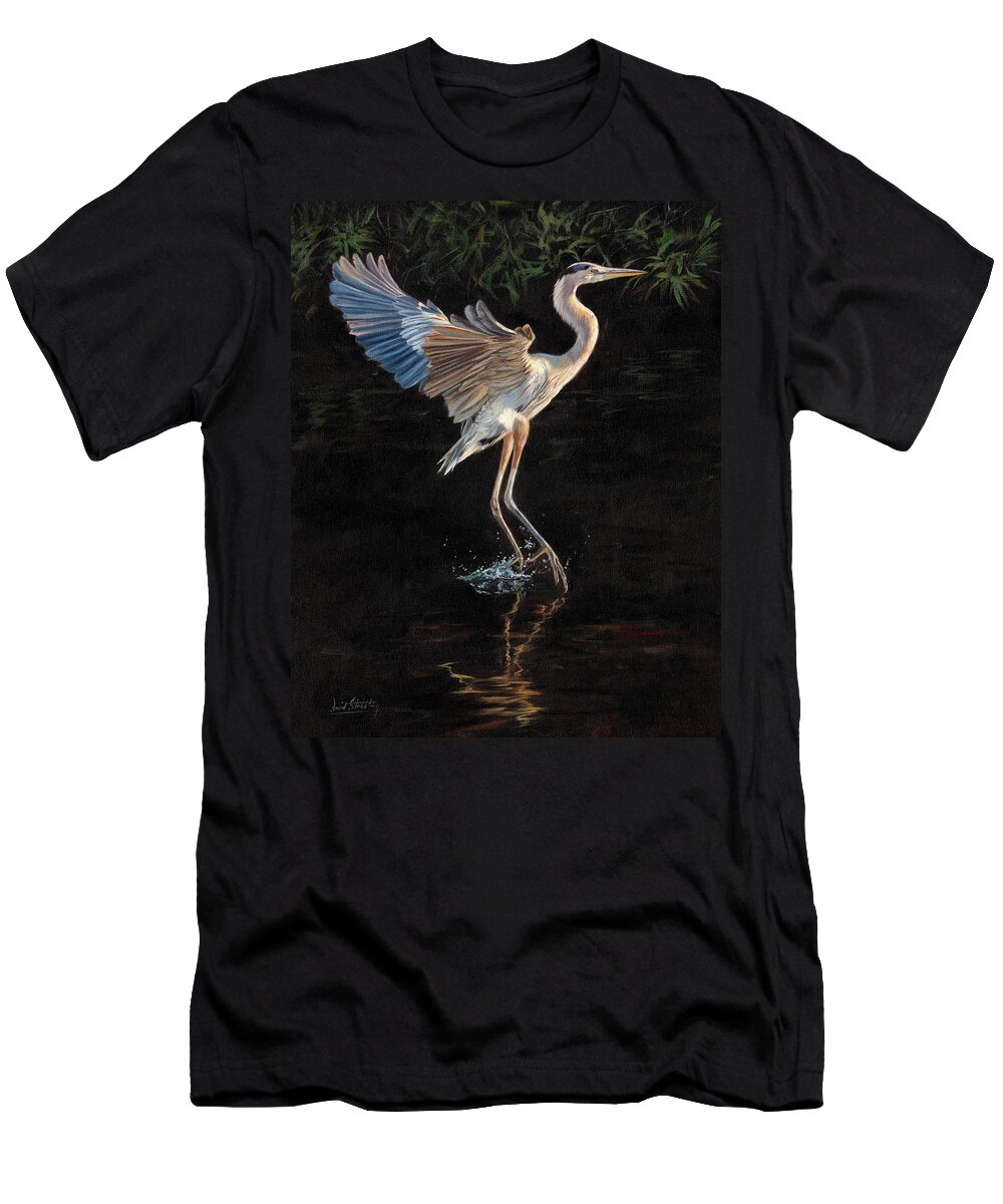 Heron T-Shirt featuring the painting Great Blue Heron by David Stribbling