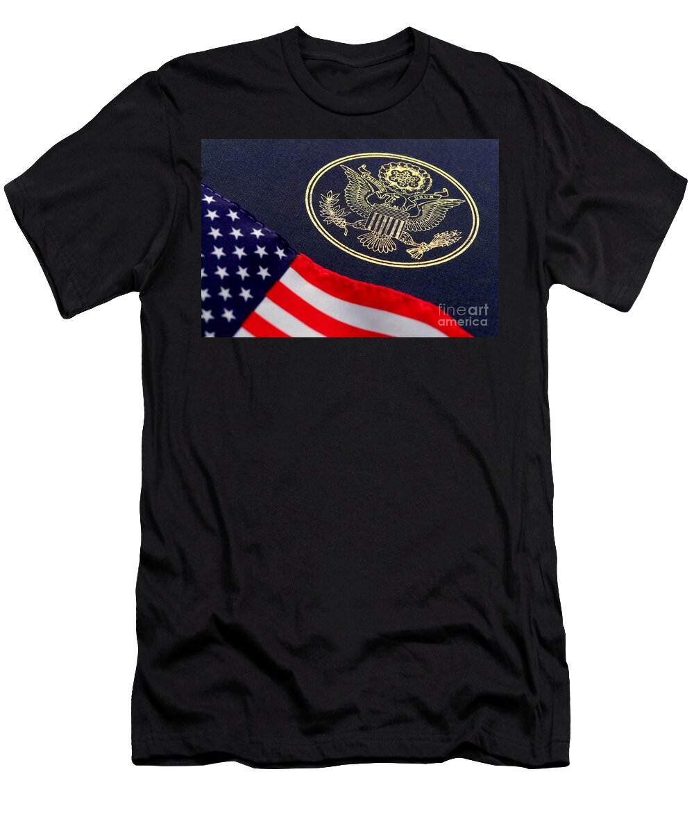 Flag T-Shirt featuring the photograph Great Seal of the United States and American Flag by Olivier Le Queinec