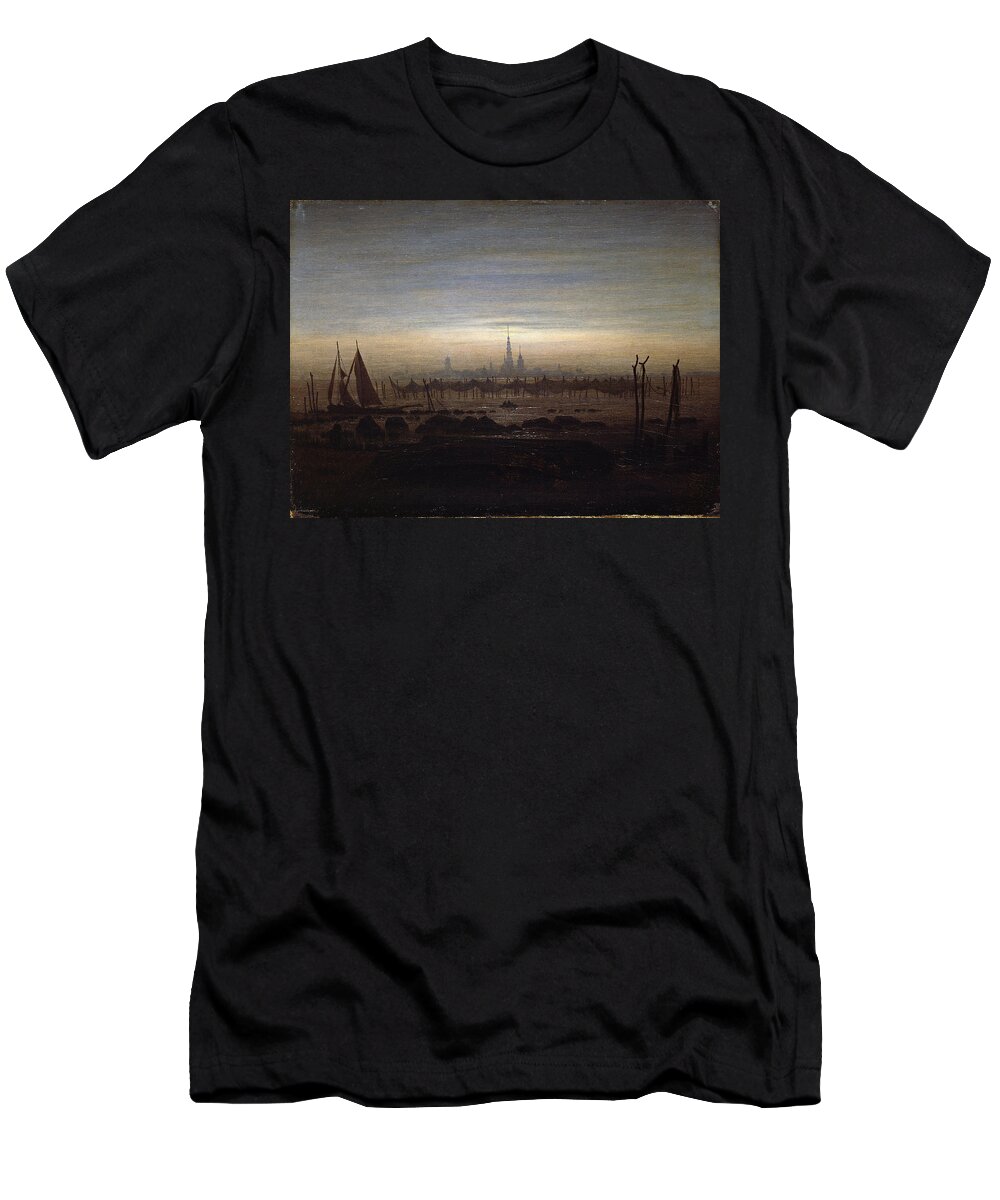Caspar David Friedrich T-Shirt featuring the painting Greifswald in moonlight by Caspar David Friedrich