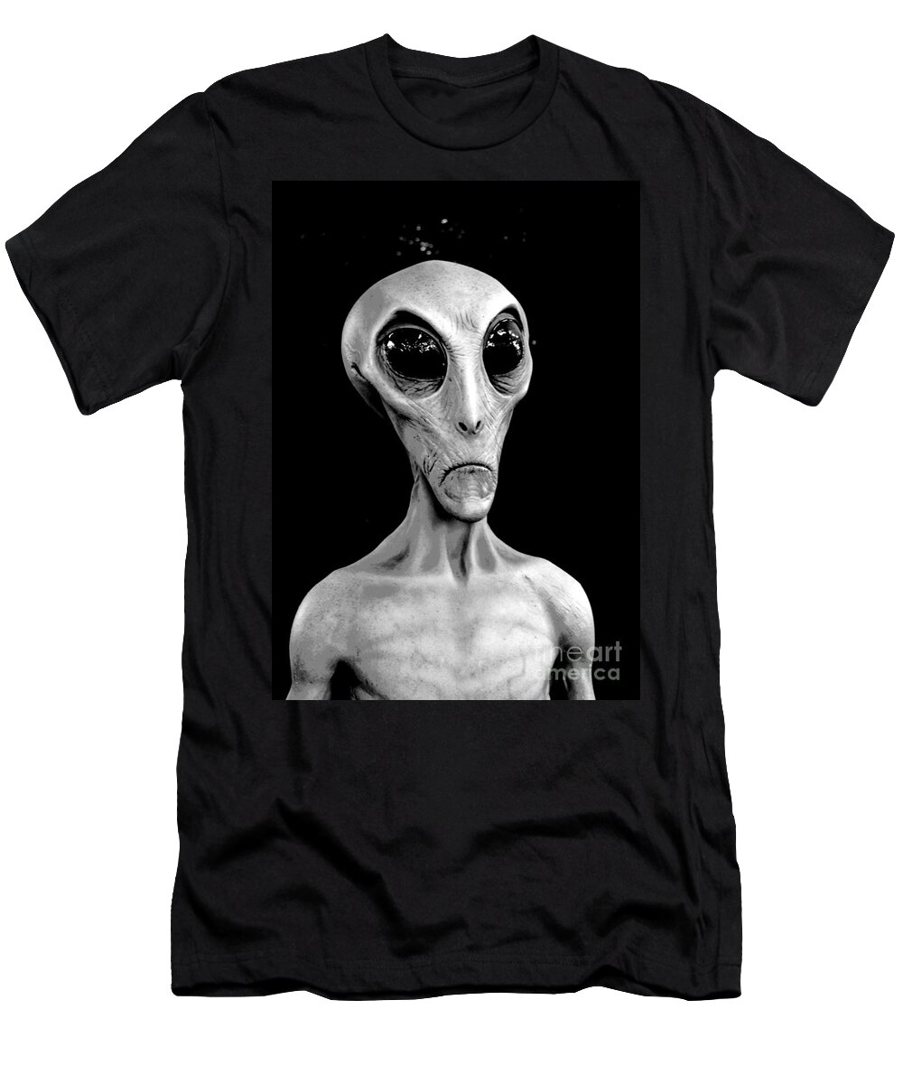 Alien T-Shirt featuring the photograph Grey Alien Science Fiction Portrait Black and White Conte Crayon Digital Art by Shawn O'Brien
