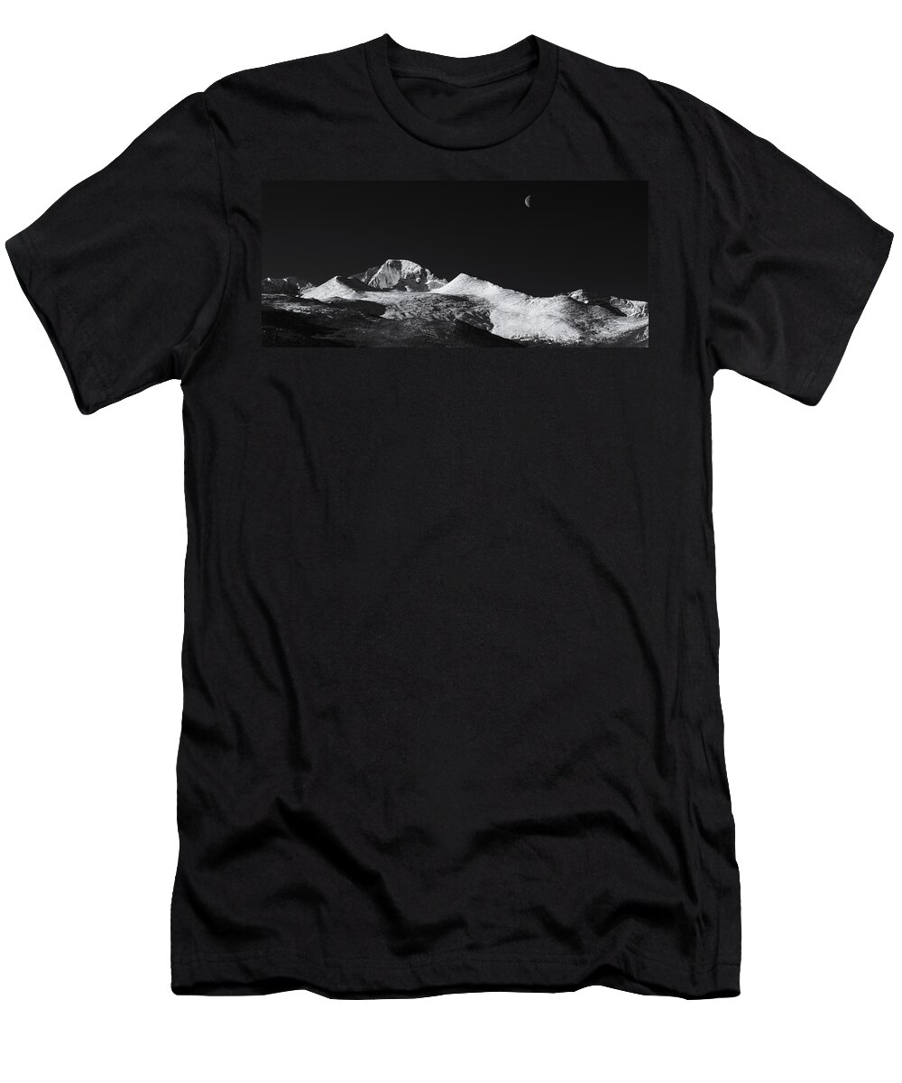 Monochrome T-Shirt featuring the photograph Half Moon over Longs Peak by Darren White