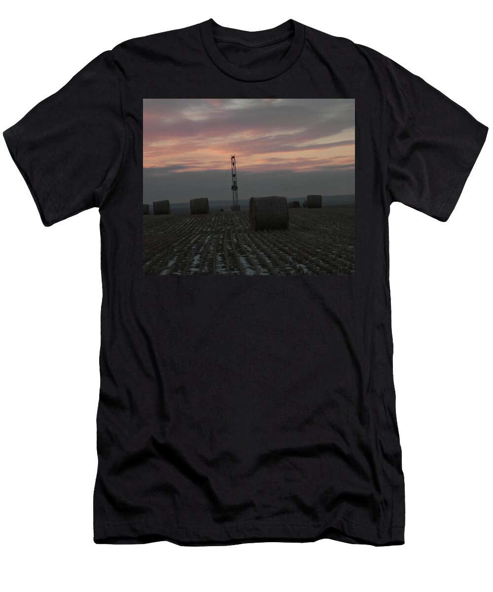 Hay T-Shirt featuring the photograph Hay bales and a work over rig by Jeff Swan