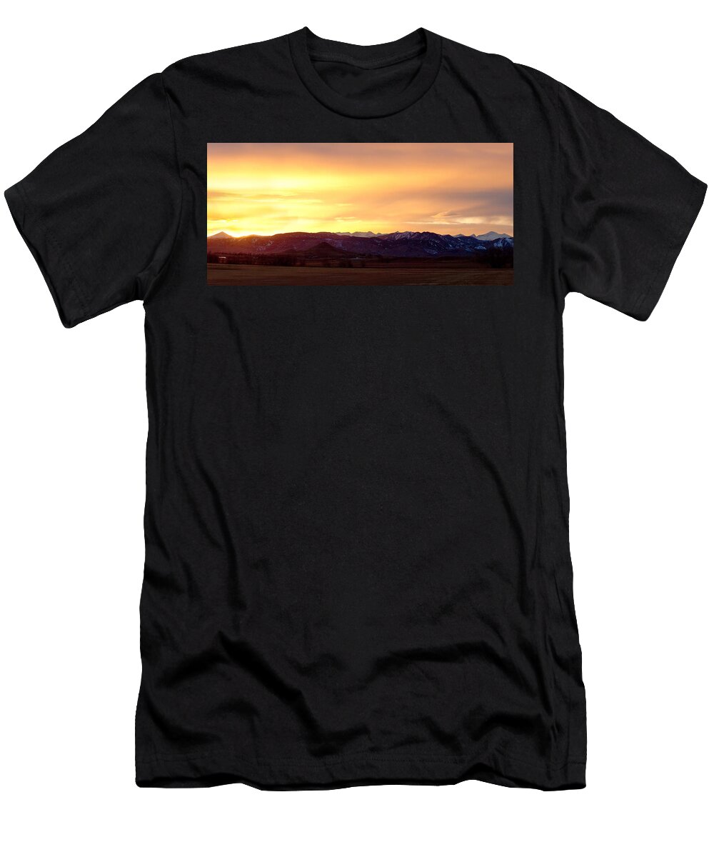 Winter T-Shirt featuring the photograph Haystack Rocky Mountain Front Range Sunset Panorama by James BO Insogna