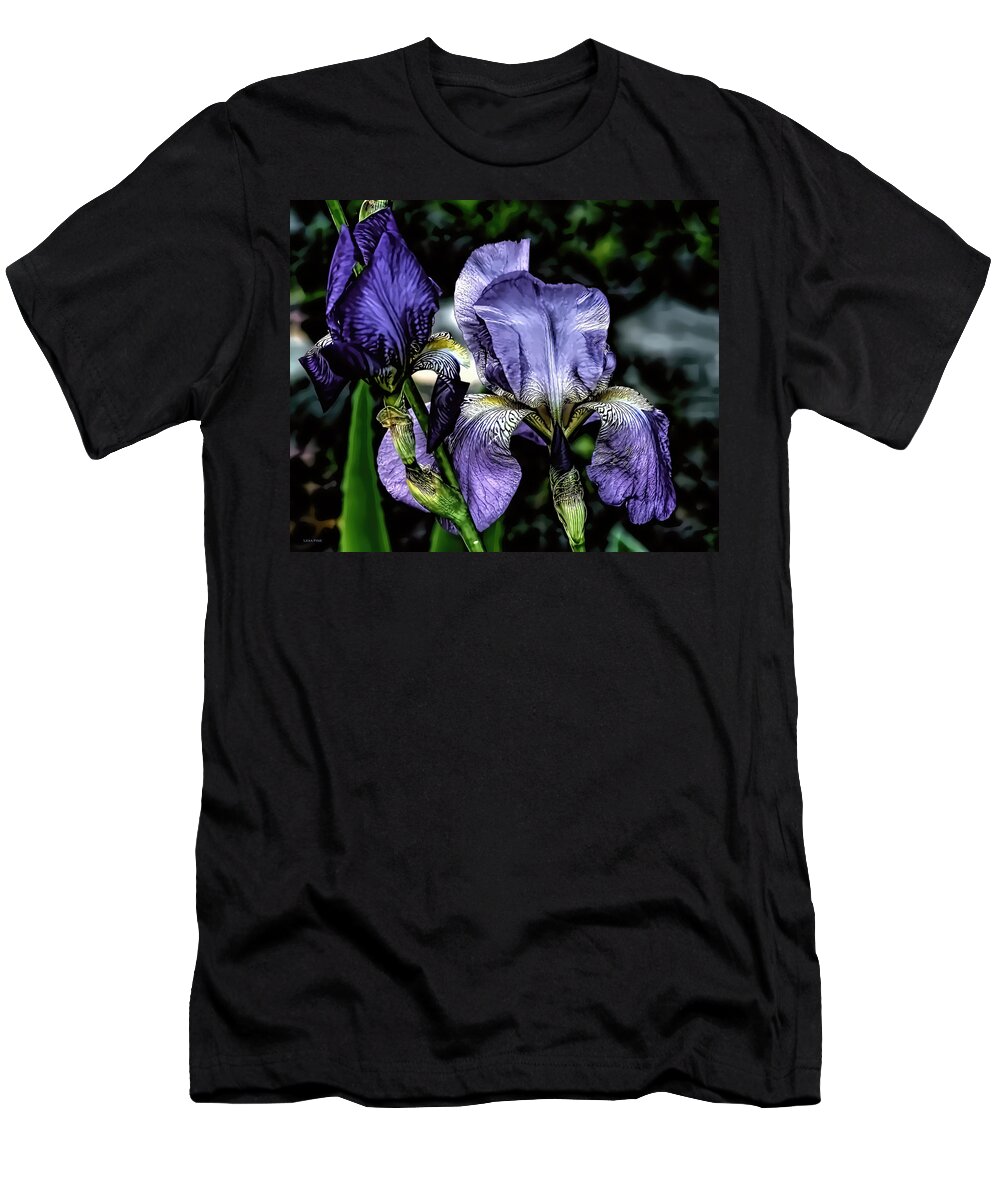 Iris T-Shirt featuring the mixed media Heirloom Purple Iris Blooms by Lesa Fine