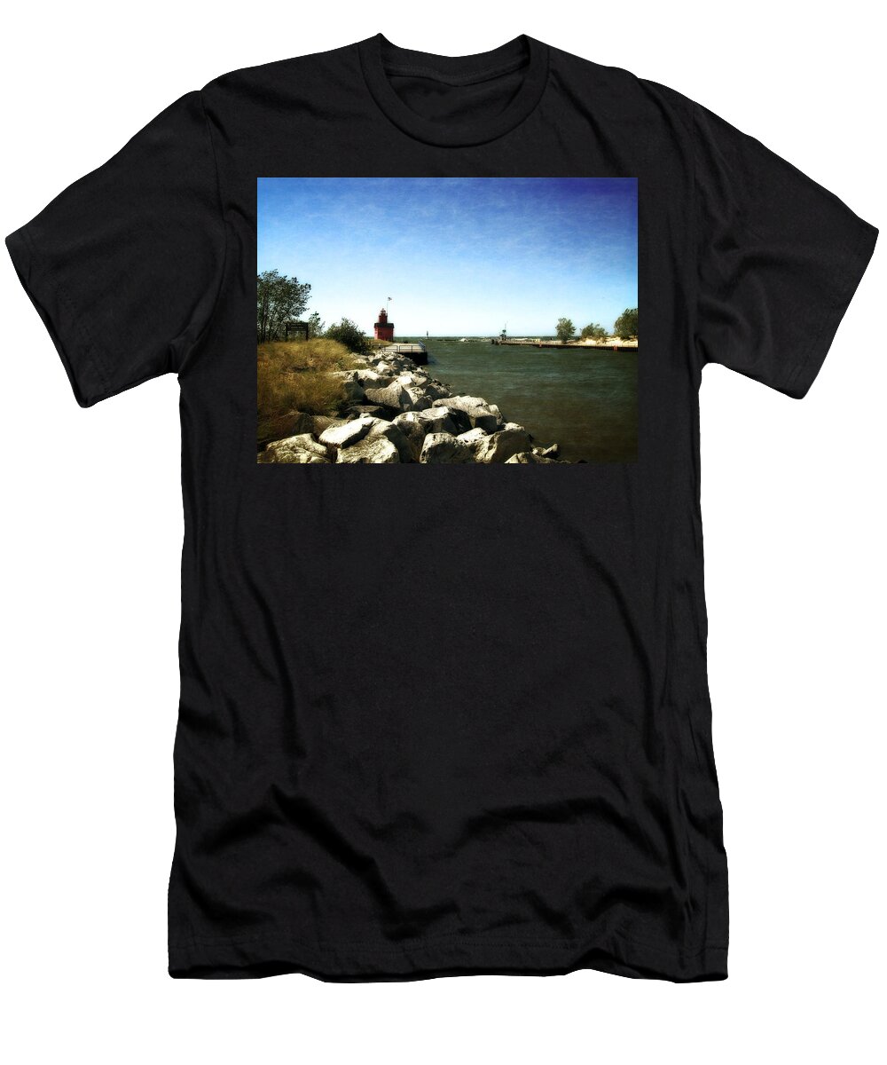 Lighthouse T-Shirt featuring the photograph Holland Channel and Big Red by Michelle Calkins