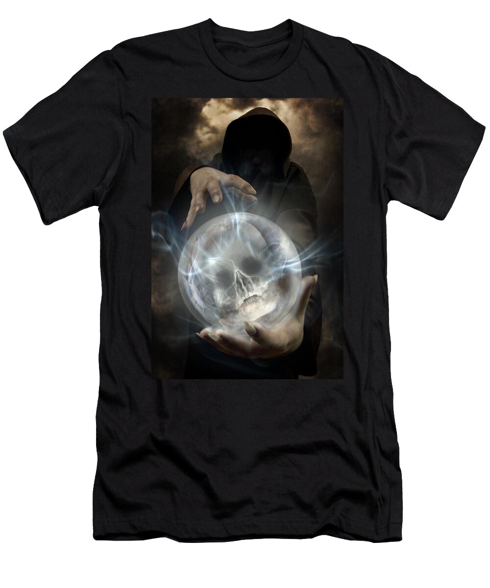 Hooded T-Shirt featuring the photograph Hooded man wearing dark cloak holding glowing crystall ball with human skull image inside by Jaroslaw Blaminsky