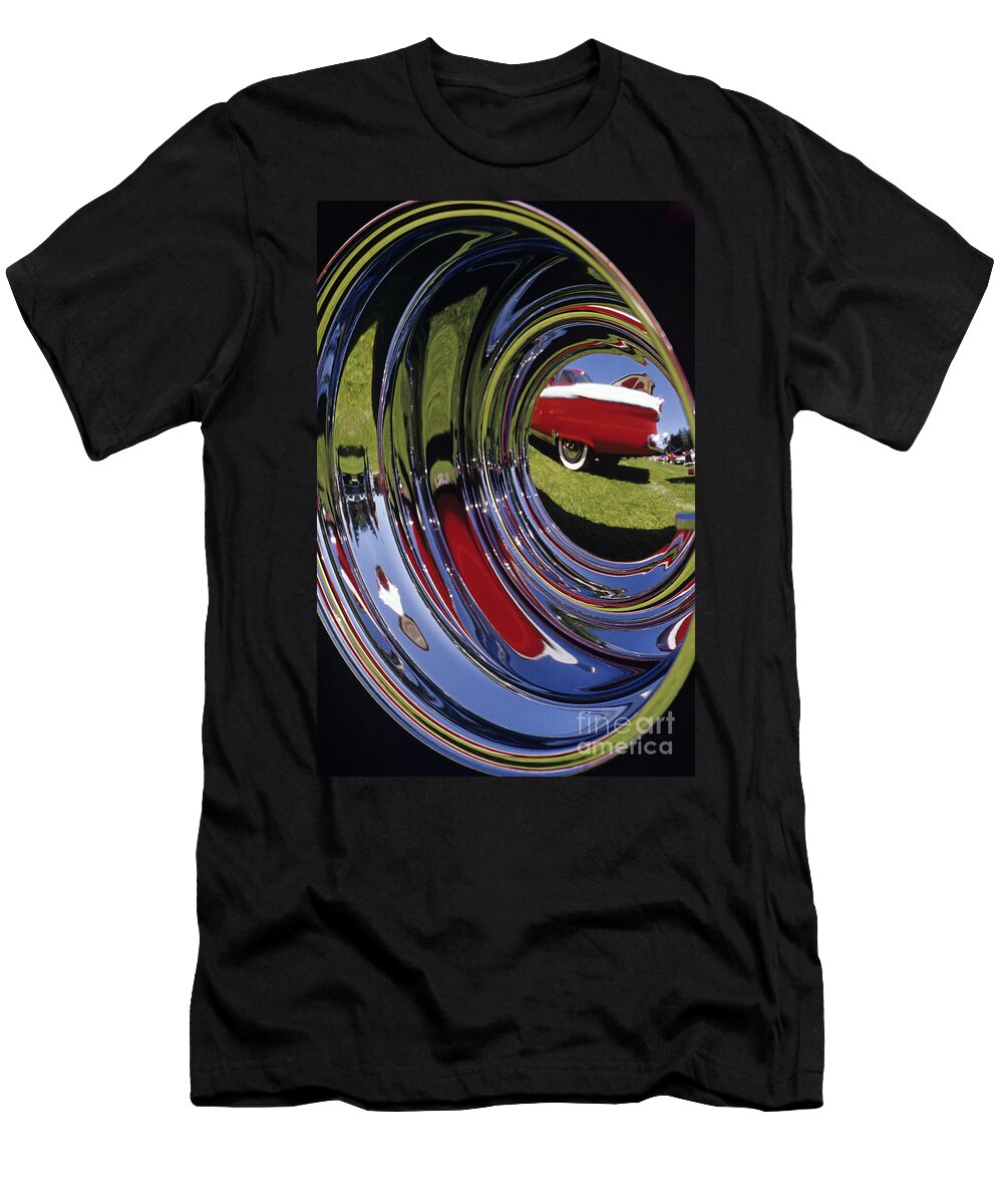 Photography T-Shirt featuring the photograph Hub Cap Reflection Antique Car by Jim Corwin