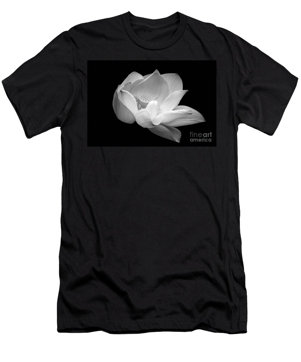 Indian Lotus T-Shirt featuring the photograph Indian Sacred Lotus in Black and White by Byron Varvarigos