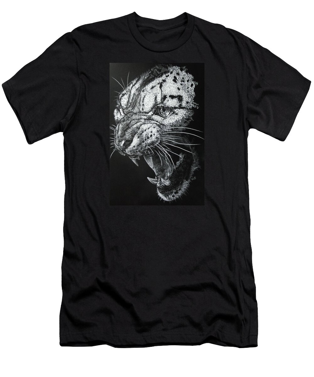 Snow Leopard T-Shirt featuring the drawing Ire by Barbara Keith
