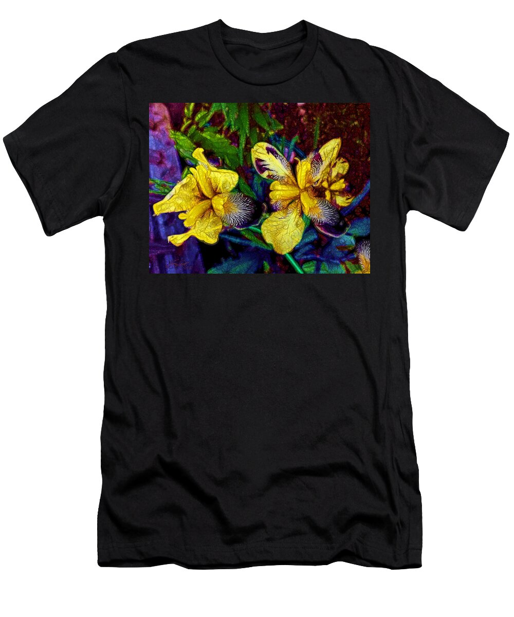 Iris Irises Flower Floral Garden Gardening Summer Horticulture Color Yellow Purple T-Shirt featuring the digital art Irises by William Sargent