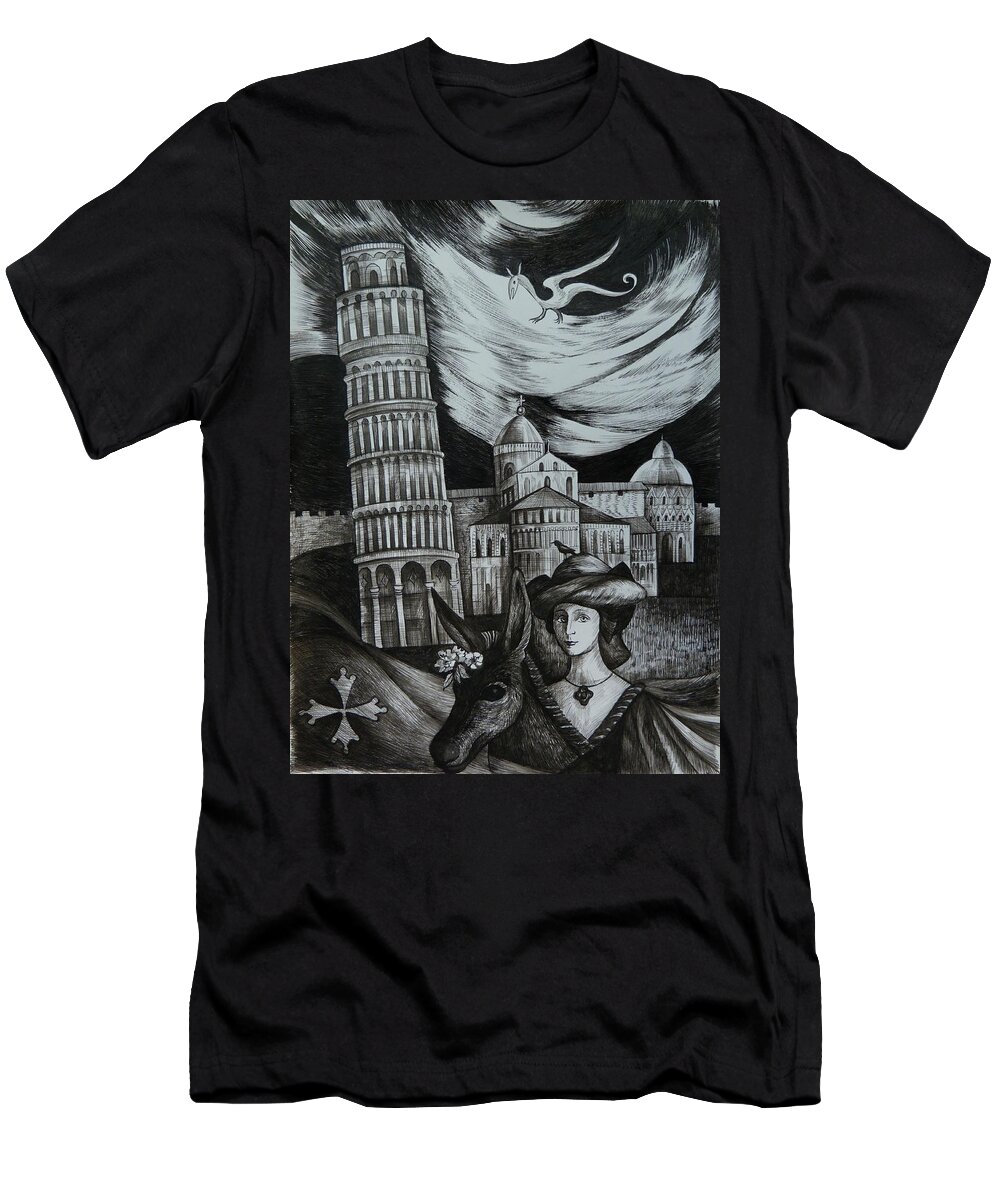 Travel T-Shirt featuring the drawing Italian Fantasies. Pisa by Anna Duyunova