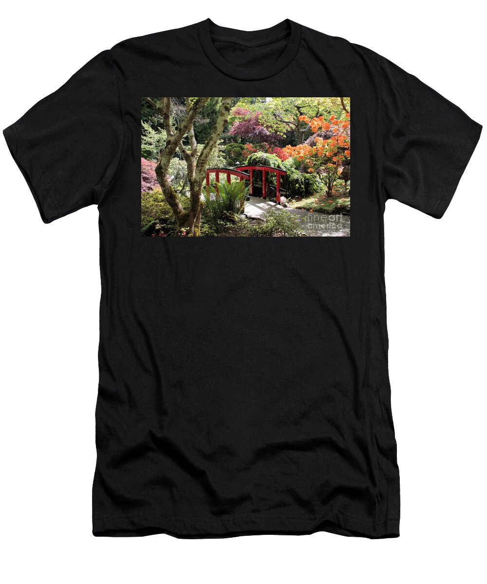 Japanese Garden T-Shirt featuring the photograph Japanese Garden Bridge with Rhododendrons by Carol Groenen