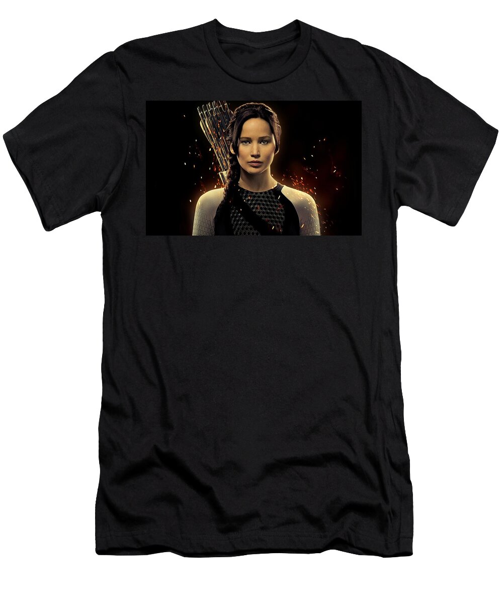 Jennifer Shrader Lawrence T-Shirt featuring the digital art Jennifer Lawrence as Katniss Everdeen by Movie Poster Prints