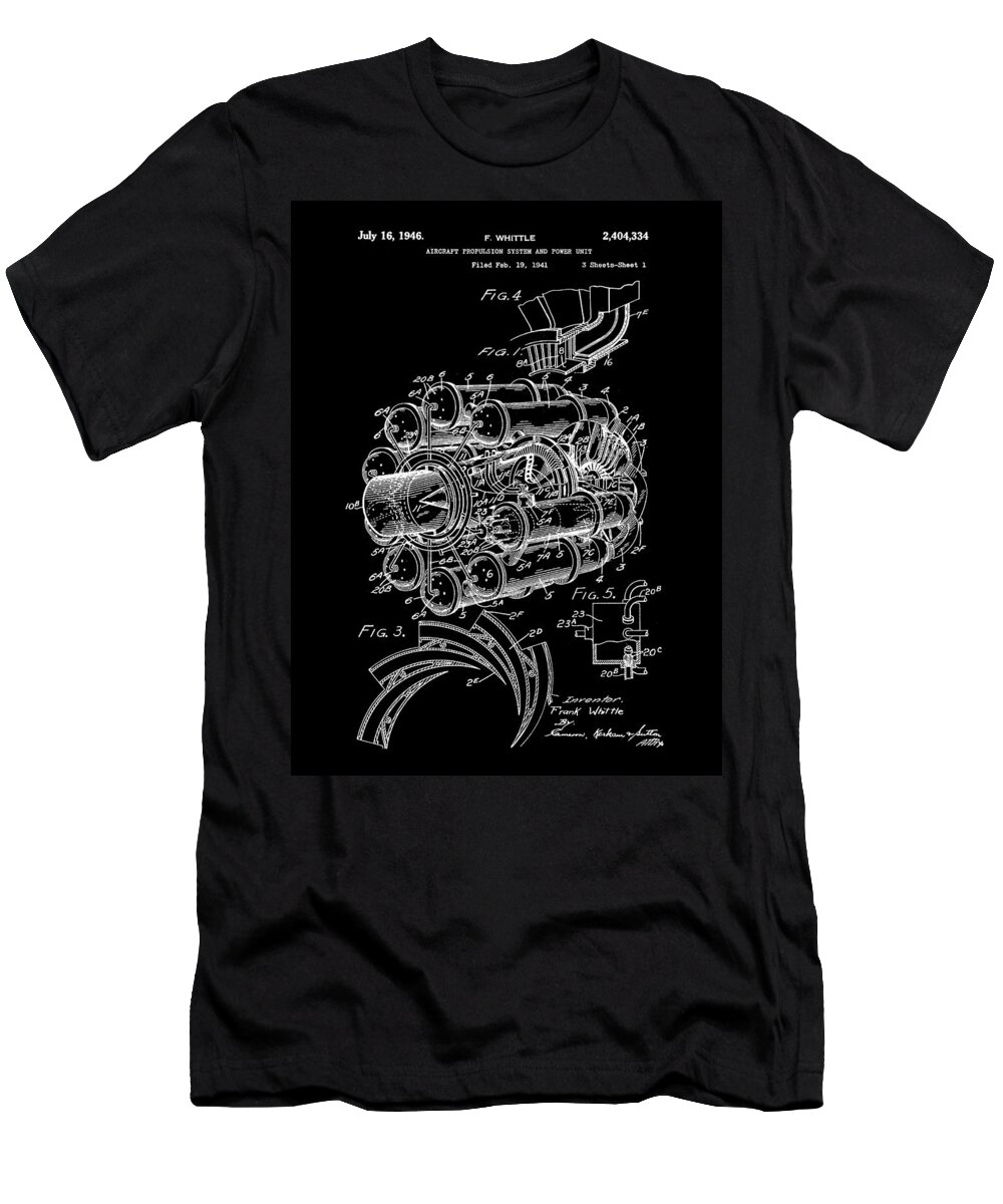 Jet T-Shirt featuring the digital art Jet Engine Patent 1941 - Black by Stephen Younts