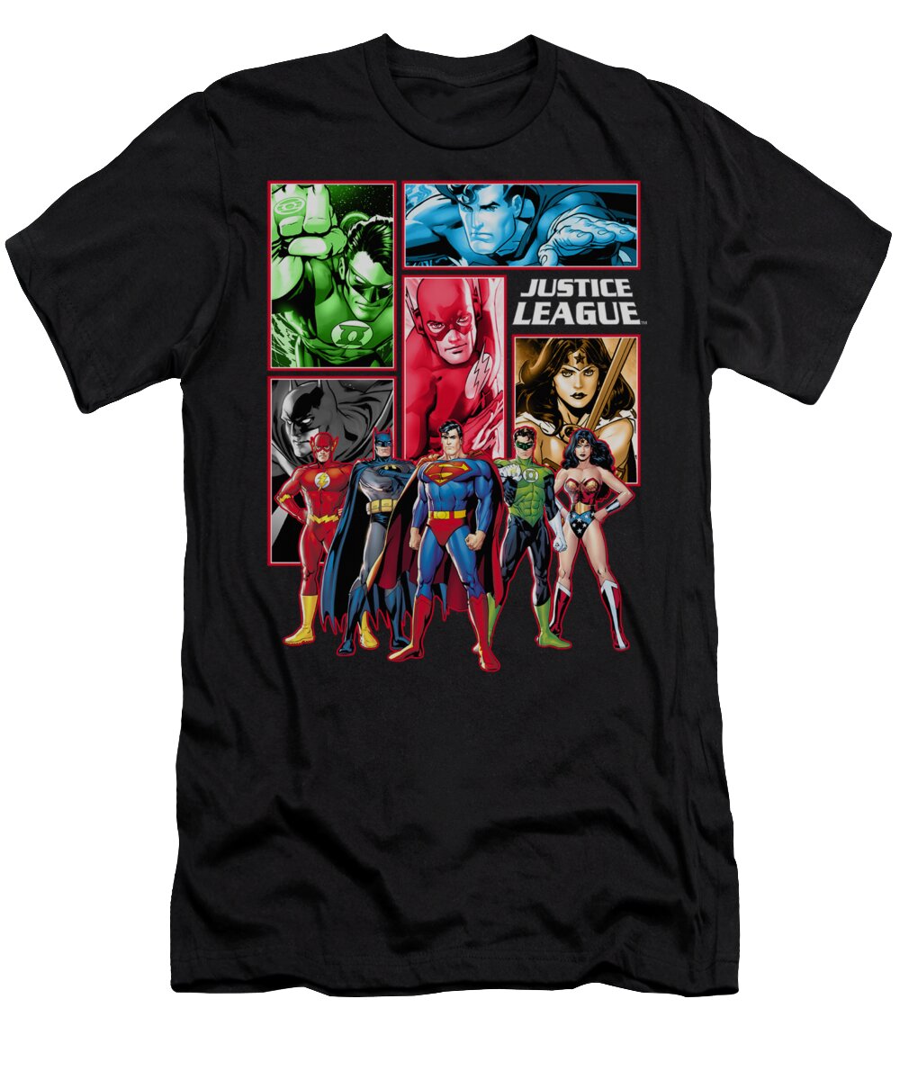  T-Shirt featuring the digital art Jla - Justice League Panels by Brand A